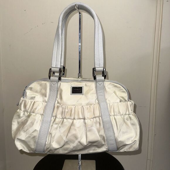 Authentic Burberry Nova Check Cream Nylon Silver Leather Handbag ShoulderSatchel - Picture 1 of 16